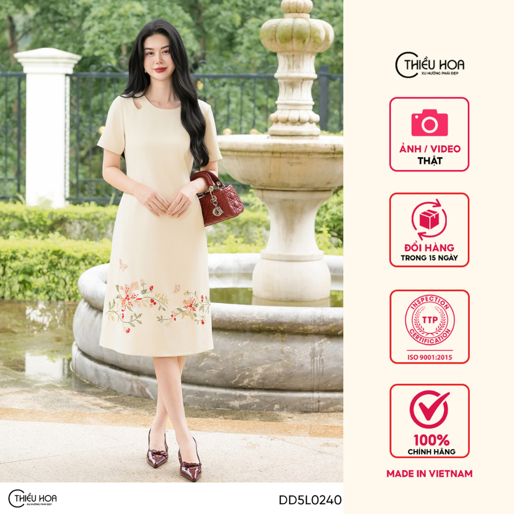 Đầm trung niên  chất liệu Cotton Tuyết vải dệt cao cấp thương hiệu Thiều Hoa DD5L0240