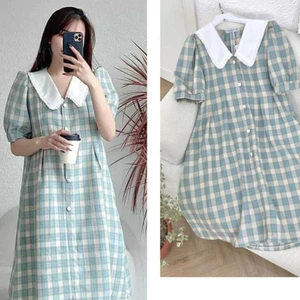 Đầm bầu dễ thương đi chơi đi học cute Váy babydoll cổ sen to kẻ caro xanh tay bồng cộc dáng xòe form rộng T615G