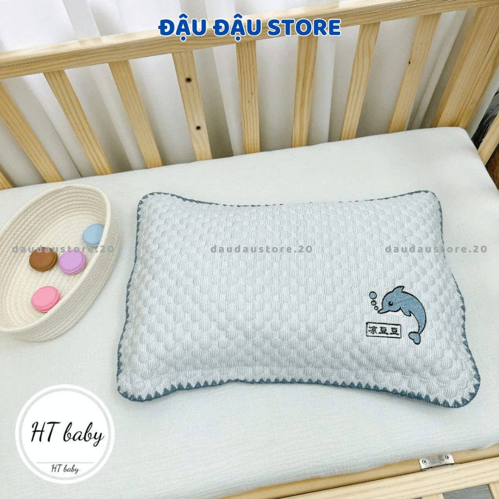 Gối Trẻ Em Gối Băng Lạnh Thêu Cá Heo 35x55cm Viền Thêu Chắc Chắn Cảm Giác Mềm Mịn, Dễ Chịu Cho Bé G01 - Đậu Đậu Store