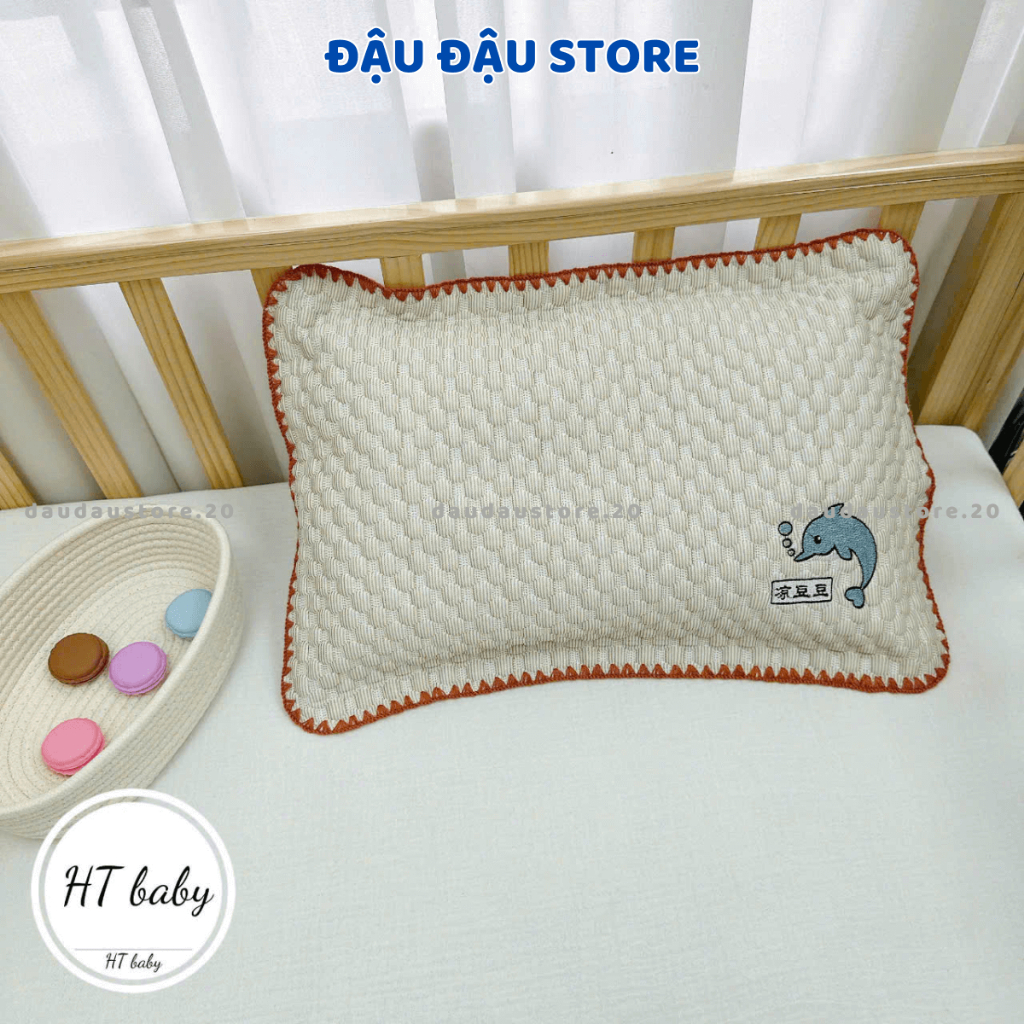 Gối Trẻ Em Gối Băng Lạnh Thêu Cá Heo 35x55cm Viền Thêu Chắc Chắn Cảm Giác Mềm Mịn, Dễ Chịu Cho Bé G01 - Đậu Đậu Store