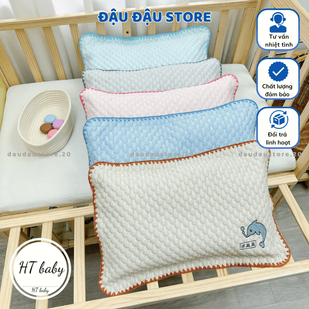 Gối Trẻ Em Gối Băng Lạnh Thêu Cá Heo 35x55cm Viền Thêu Chắc Chắn Cảm Giác Mềm Mịn, Dễ Chịu Cho Bé G01 - Đậu Đậu Store