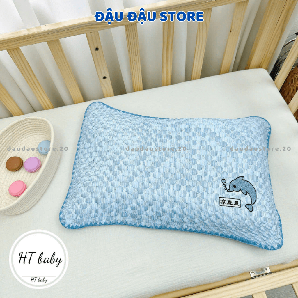 Gối Trẻ Em Gối Băng Lạnh Thêu Cá Heo 35x55cm Viền Thêu Chắc Chắn Cảm Giác Mềm Mịn, Dễ Chịu Cho Bé G01 - Đậu Đậu Store