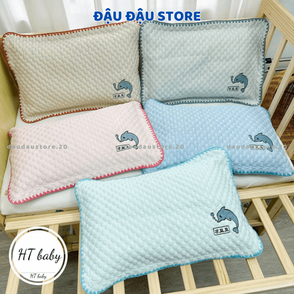 Gối Trẻ Em Gối Băng Lạnh Thêu Cá Heo 35x55cm Viền Thêu Chắc Chắn Cảm Giác Mềm Mịn, Dễ Chịu Cho Bé G01 - Đậu Đậu Store