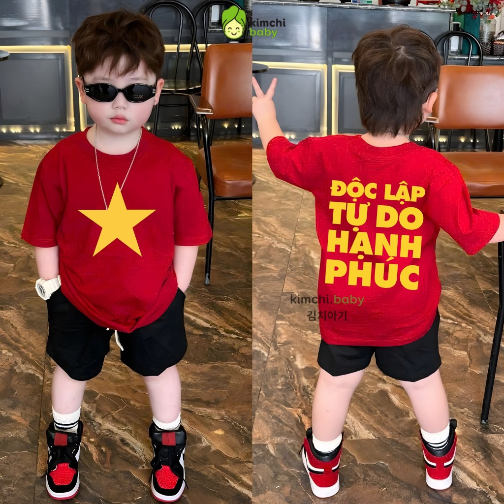 [10-85kg] Áo Cờ Đỏ Sao Vàng, Áo Thun Yêu Nước Kimchibaby Vải 100% Viscose Hữu Cơ Từ Vỏ Cây Thiên Nhiên Mềm Mịn Mát