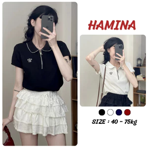 Áo Thun Nữ Cổ Polo Phối Khóa Kéo Thêu Nơ Chất PolyCotton Mát Mịn BigSize , Áo Phông Cộc Tay Cổ Bẻ 454