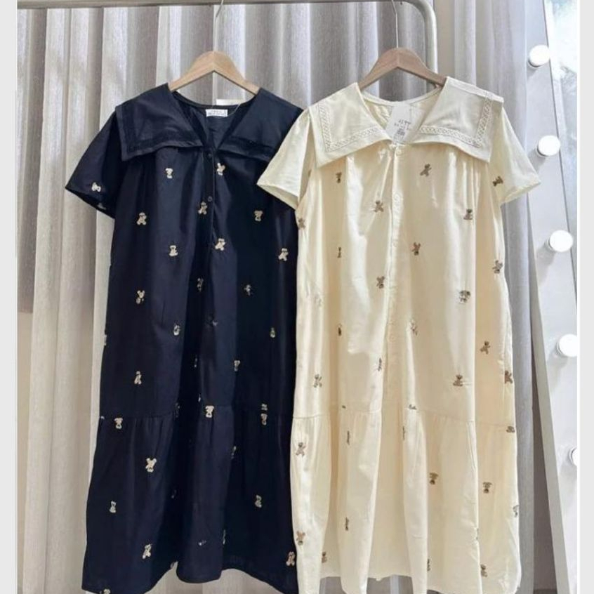 Đầm bầu nữ thanh lịch bigsize cổ Peter Pan xinh Váy sơ mi đuôi cá cổ thủy thủ to cộc tay form rộng họa tiết thỏ T1125G