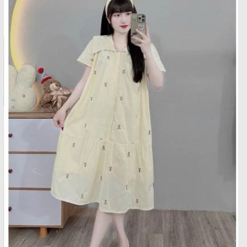 Đầm bầu nữ thanh lịch bigsize cổ Peter Pan xinh Váy sơ mi đuôi cá cổ thủy thủ to cộc tay form rộng họa tiết thỏ T1125G