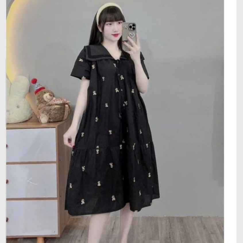 Đầm bầu nữ thanh lịch bigsize cổ Peter Pan xinh Váy sơ mi đuôi cá cổ thủy thủ to cộc tay form rộng họa tiết thỏ T1125G
