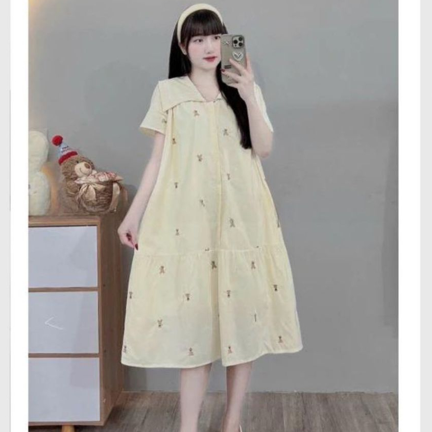 Đầm bầu nữ thanh lịch bigsize cổ Peter Pan xinh Váy sơ mi đuôi cá cổ thủy thủ to cộc tay form rộng họa tiết thỏ T1125G