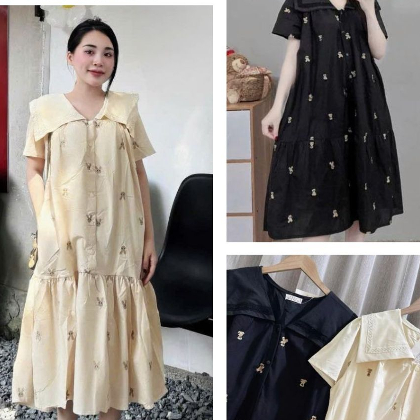 Đầm bầu nữ thanh lịch bigsize cổ Peter Pan xinh Váy sơ mi đuôi cá cổ thủy thủ to cộc tay form rộng họa tiết thỏ T1125G