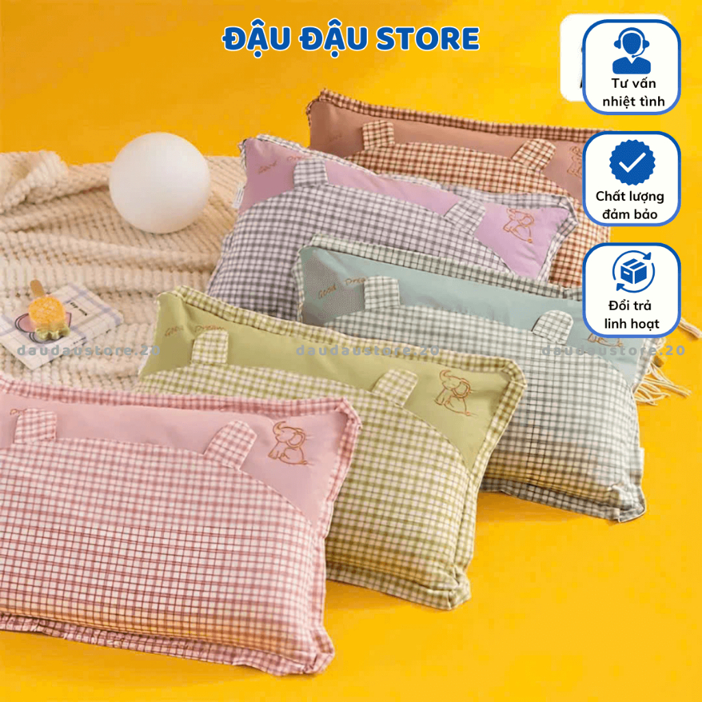 Gối Cotton Gối Ngủ Trẻ Em Kẻ Voi Lõi Bông Mềm Mịn Thoáng Mát Cho Bé Yêu 35x55Cm GC02 - Đậu Đậu Store