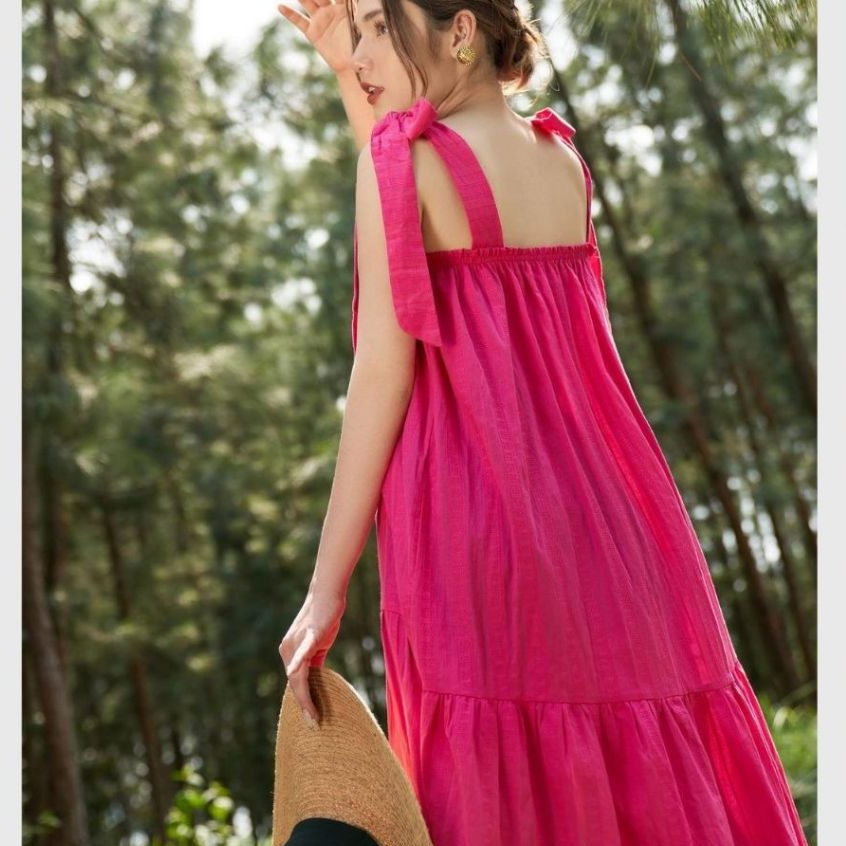 Đầm nữ maxi hồng xanh trẻ trung hè thu Váy 2 dây dáng dài đuôi cá thắt nơ dây vai form rộng đi biển du lịch T628G