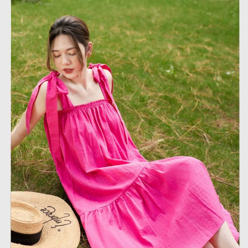 Đầm nữ maxi hồng xanh trẻ trung hè thu Váy 2 dây dáng dài đuôi cá thắt nơ dây vai form rộng đi biển du lịch T628G