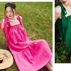 Đầm nữ maxi hồng xanh trẻ trung hè thu Váy 2 dây dáng dài đuôi cá thắt nơ dây vai form rộng đi biển du lịch T628G