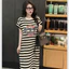 Đầm bầu nữ ngắn tay trẻ Váy thun không cổ cộc tay kẻ ngang họa tiết chữ Bonjour dàng dài xẻ tà form rộng basic T1099G