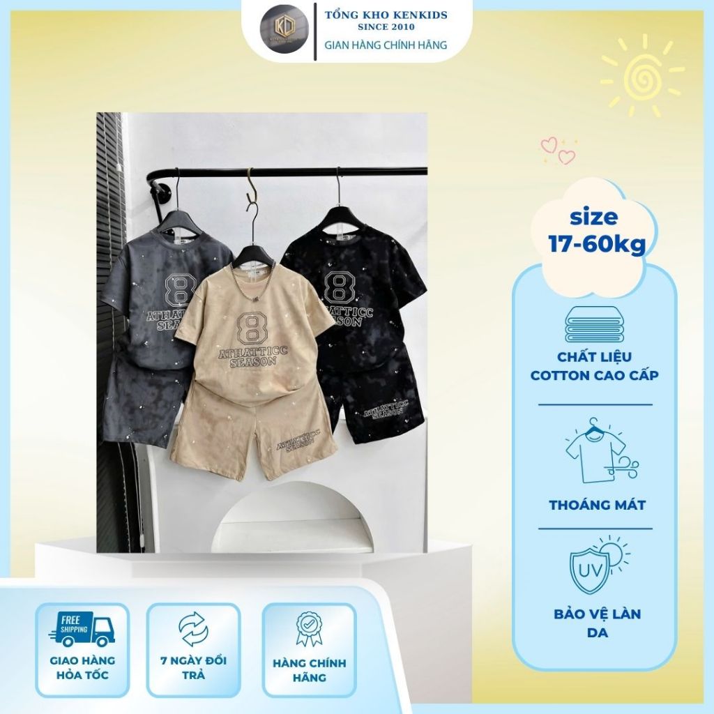 A Bộ Quần Áo Bé Trai 17–60kg Chất Cotton Cao Cấp IN SỐ 8, Mềm Mát Co Giãn 4 Chiều [KB02] A