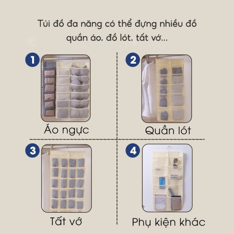Túi Treo Đồ Lót 2 Mặt 30 Ngăn, Túi Đựng Tất Vớ Áo Ngực Treo Tủ Gọn Gàng Tiện Lợi