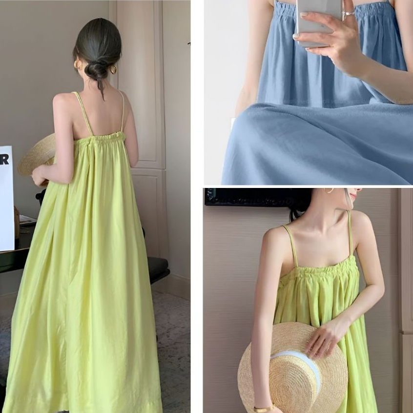 Đầm hai dây nữ dáng dài che khuyết điểm bigsize xinh đi chơi du lịch Váy 2 dây chun ngực maxi đi biển dáng rộng T651G
