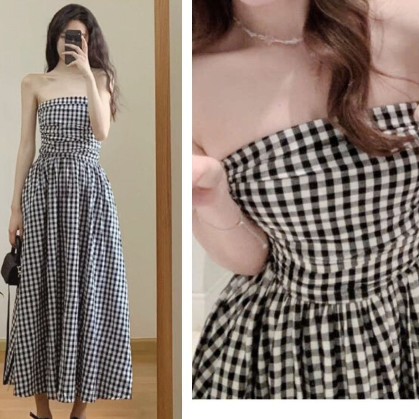 Đầm đi biển dáng dài nữ tính vintage đi chơi du lịch Váy maxi kẻ caro đen trắng cúp ngực ôm body dáng xòe T535G