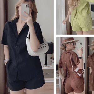 Set Áo sơ mi cộc tay đũi gân xẻ buộc dây lưng form rộng + Quần đùi short sooc ngắn nâu xanh cốm đen T78G