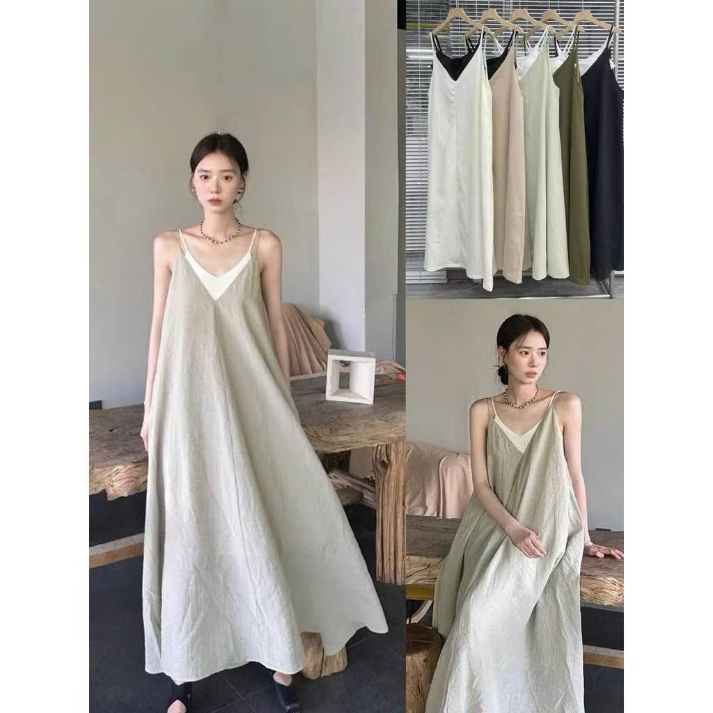 Đầm Maxi 2 Dây Dáng Xòe Vintage Dài Qua Gối – Váy Đi Biển Nhẹ Nhàng Hàn Quốc Tặng Quây Rời