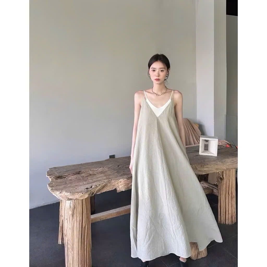 Đầm Maxi 2 Dây Dáng Xòe Vintage Dài Qua Gối – Váy Đi Biển Nhẹ Nhàng Hàn Quốc Tặng Quây Rời