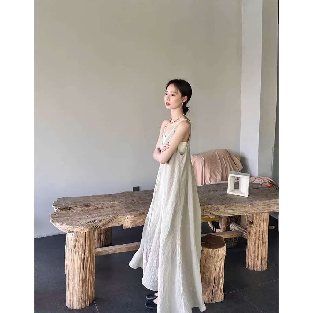 Đầm Maxi 2 Dây Dáng Xòe Vintage Dài Qua Gối – Váy Đi Biển Nhẹ Nhàng Hàn Quốc Tặng Quây Rời