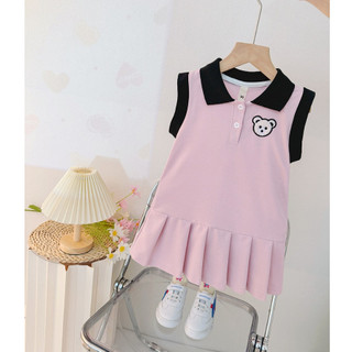 Váy polo bé gái 2-7 tuổi sát nách màu hồng ruốc viền cổ màu đen D1137