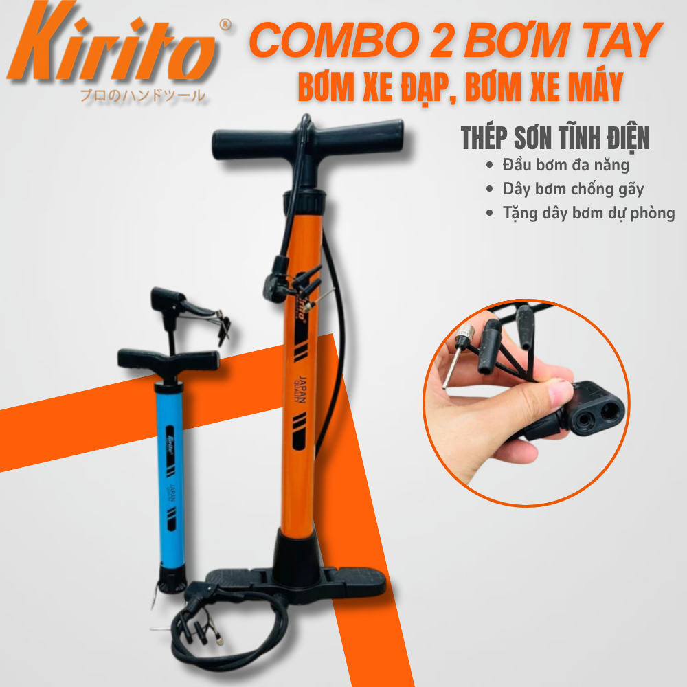 Combo 2 bơm xe đạp, bơm xe máy, bơm đa năng thương hiệu Kirito cao cấp tặng thêm dây