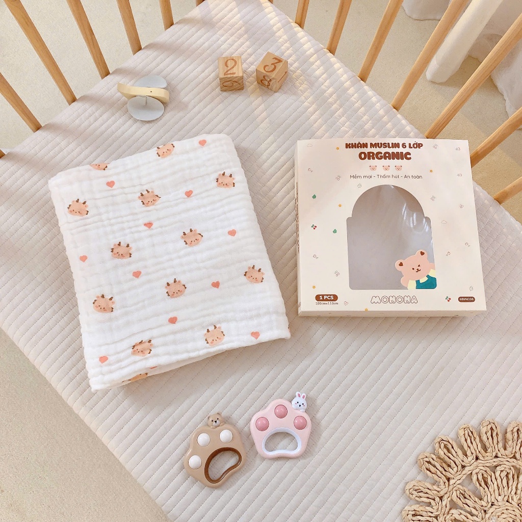 Khăn tắm nhăn 6 lớp MONONA ORGANIC mềm an toàn cho bé siêu thấm hút chất liệu tự nhiên thoáng khí 100x110cm Bahu_Baby