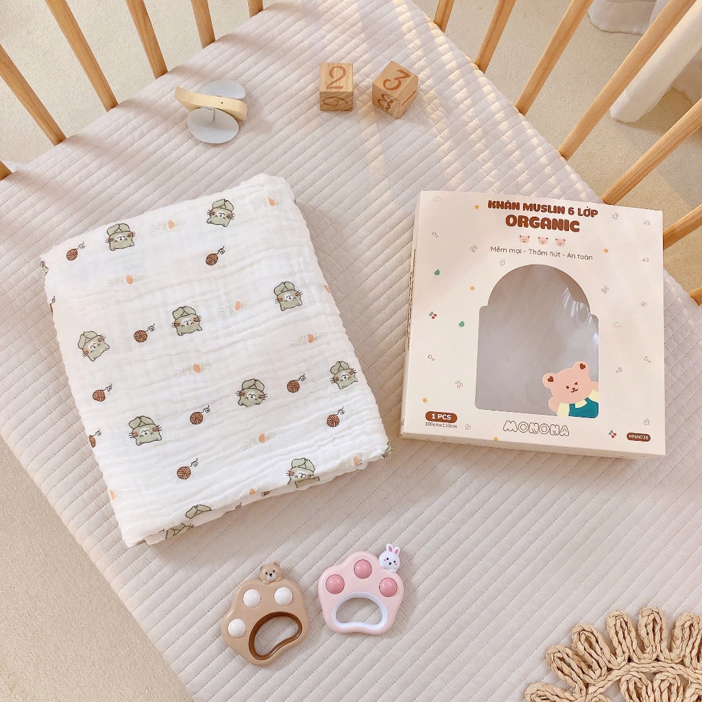 Khăn tắm nhăn 6 lớp MONONA ORGANIC mềm an toàn cho bé siêu thấm hút chất liệu tự nhiên thoáng khí 100x110cm Bahu_Baby