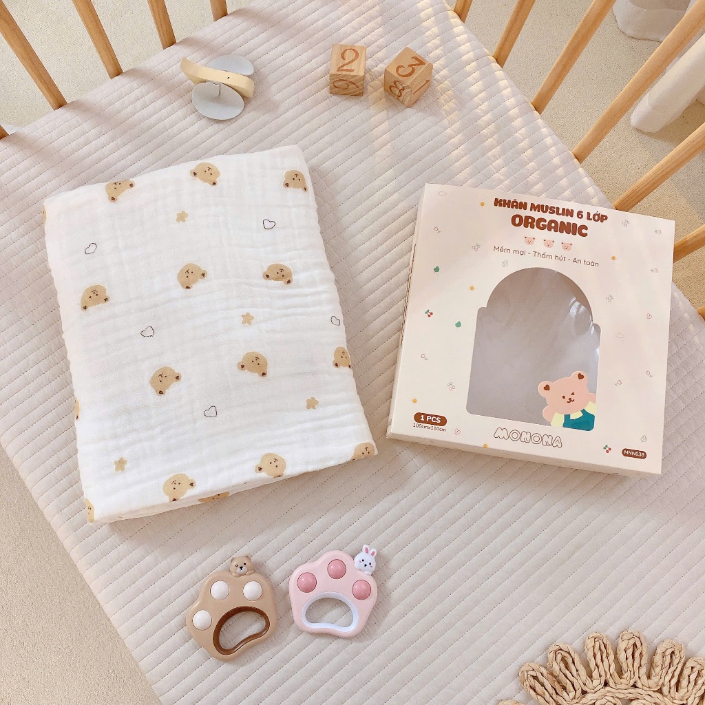 Khăn tắm nhăn 6 lớp MONONA ORGANIC mềm an toàn cho bé siêu thấm hút chất liệu tự nhiên thoáng khí 100x110cm Bahu_Baby