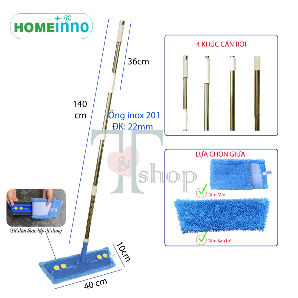 Cây Lau Nhà Cán Inox 4 Khúc Kiểu Dán Bàn Lau Nhựa 40cm Tấm Lau Siêu Sạch Homeinno Xếp Gọn Mang Đi Xa