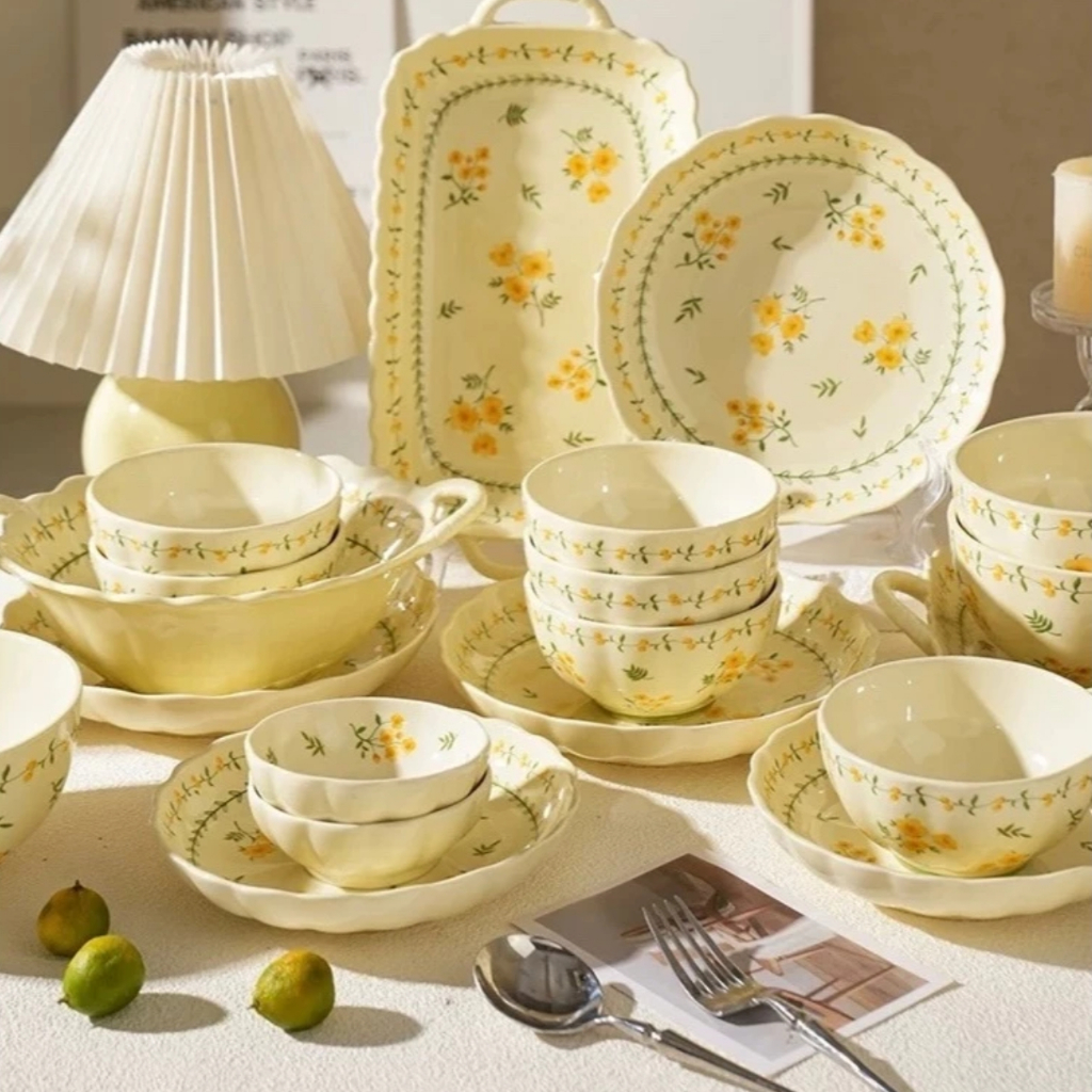 Hàng Loại 1 Bộ Bát Đĩa 11 Món Họa Tiết Hoa Cúc Vàng Chất Liệu Sứ Cao Cấp Set 11 Chi Tiết Chén Dĩa