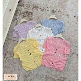 LT - Áo len nữ cộc tay len giấy trơn khuy nhiều màu cổ tròn khuy cài vintaget Free size 1146
