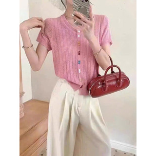 LT - Áo len nữ cộc tay len giấy trơn khuy nhiều màu cổ tròn khuy cài vintaget Free size 1146