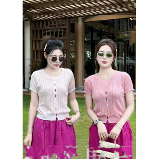 LT - Áo len nữ cộc tay len giấy trơn khuy nhiều màu cổ tròn khuy cài vintaget Free size 1146