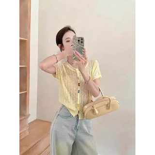 LT - Áo len nữ cộc tay len giấy trơn khuy nhiều màu cổ tròn khuy cài vintaget Free size 1146