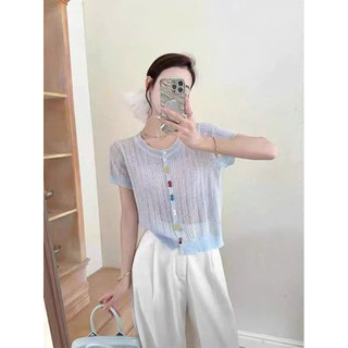 LT - Áo len nữ cộc tay len giấy trơn khuy nhiều màu cổ tròn khuy cài vintaget Free size 1146