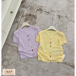 LT - Áo len nữ cộc tay len giấy trơn khuy nhiều màu cổ tròn khuy cài vintaget Free size 1146