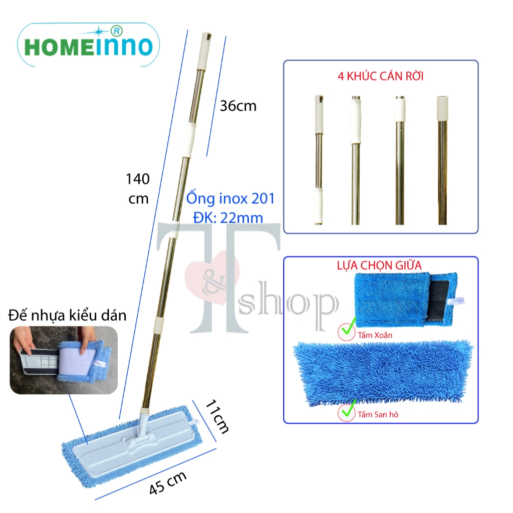 Cây Lau Nhà Kiểu Dán Bàn Lau NHỰA 45cm Tấm Lau Siêu Sạch Homeinno Cán Inox Phiên Bản 4 Khúc Rời Xếp Gọn Mang Đi Xa