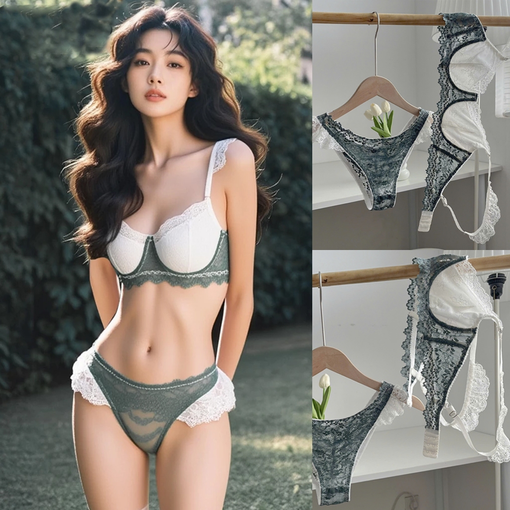 Bộ đồ lót ren nữ áo ngực có gọng không mút có lót lưới quần lót cách diệu nhẹ nhàng màu xanh mix trắng trẻ trung Eriscos