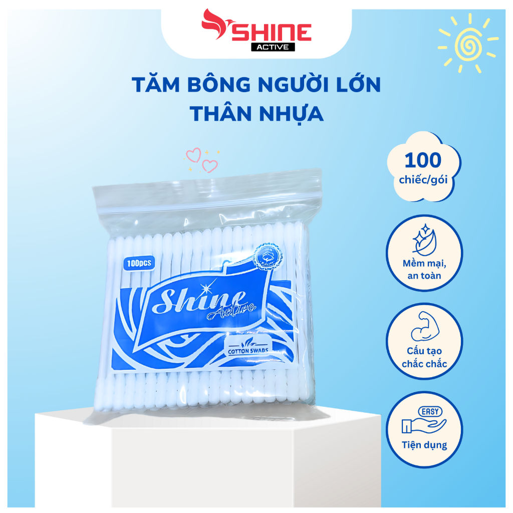 Tăm bông ngoáy tai,100 bông ráy tai thân nhựa khử trùng 2 đầu thân thiện với môi trường