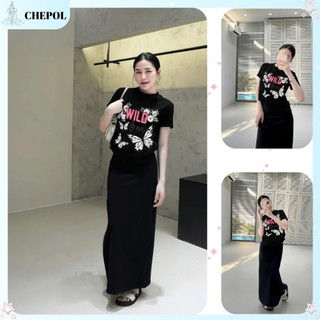 Set ( Áo Thun Đen + Chân Váy Xuông ) Áo Phông Nữ Chepol Unisex họa tiết Bướm, chất cotton co dãn 2 chiều,CP_13353