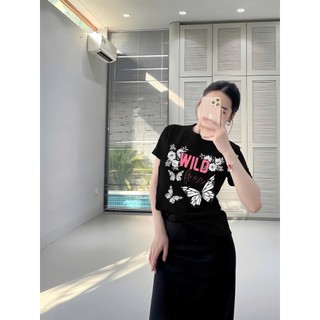 Set ( Áo Thun Đen + Chân Váy Xuông ) Áo Phông Nữ Chepol Unisex họa tiết Bướm, chất cotton co dãn 2 chiều,CP_13353