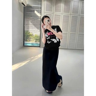 Set ( Áo Thun Đen + Chân Váy Xuông ) Áo Phông Nữ Chepol Unisex họa tiết Bướm, chất cotton co dãn 2 chiều,CP_13353