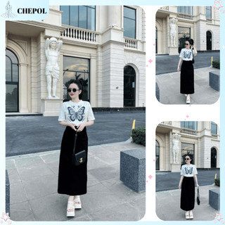 Set ( Áo Thun Trắng + Chân Váy Xuông ) Áo Phông Nữ Chepol UNISEX, Cổ Tròn, Tay Ngắn, Chất Cotton Co Dãn 2 Chiều CP_11103
