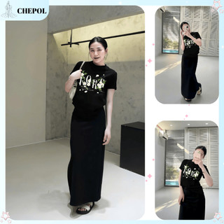 Set ( Áo Thun Đen + Chân Váy Xuông )  Áo Phông Nữ Chepol UNISEX Cổ Tròn Tay Ngắn Chất Cotton Co Dãn 2 Chiều CP_11176