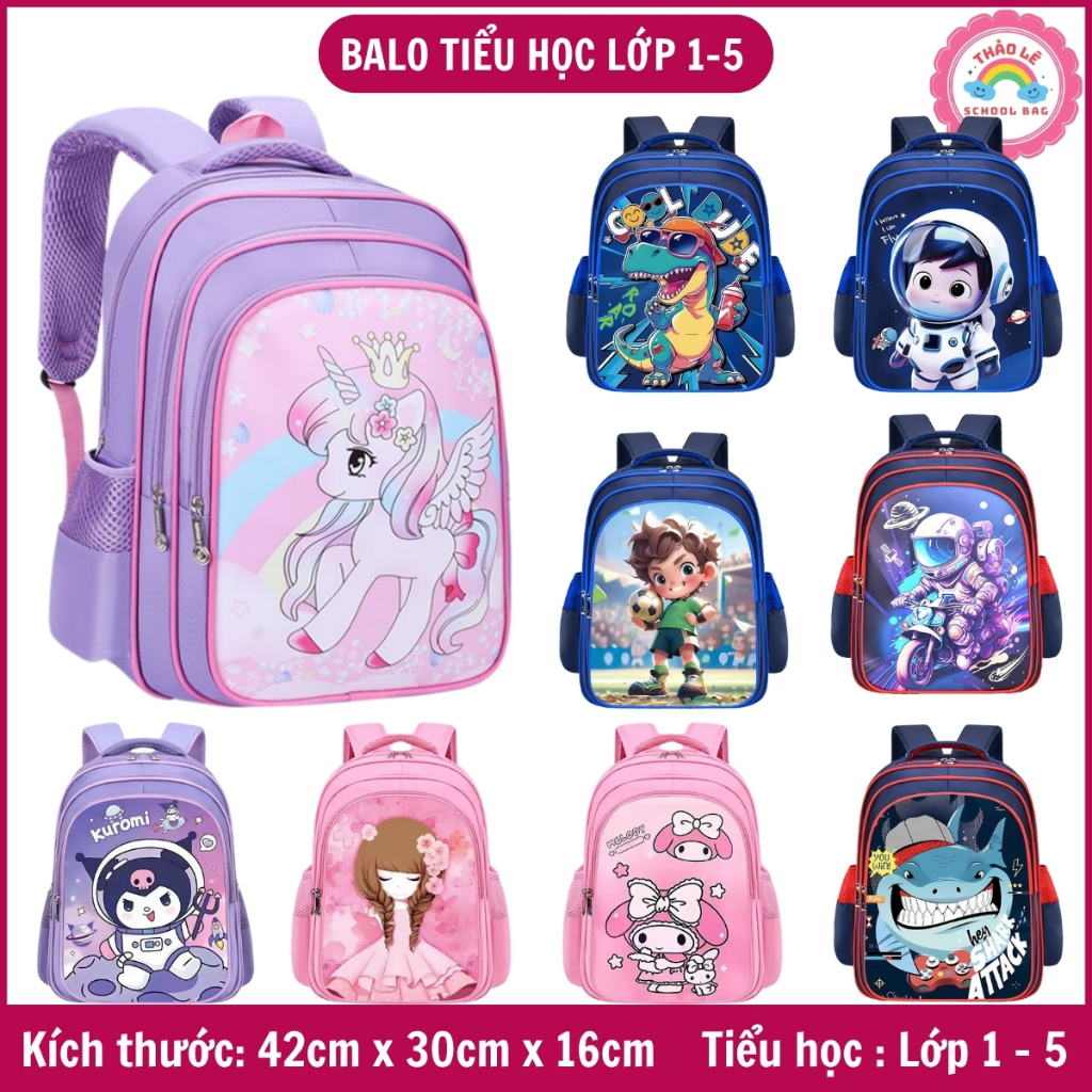 Cặp tiểu học cho bé lớp 1-5, balo học sinh cấp 1 trẻ em 6-10 tuổi, bé trai gái siêu nhân kuromi công chúa melody TL2338