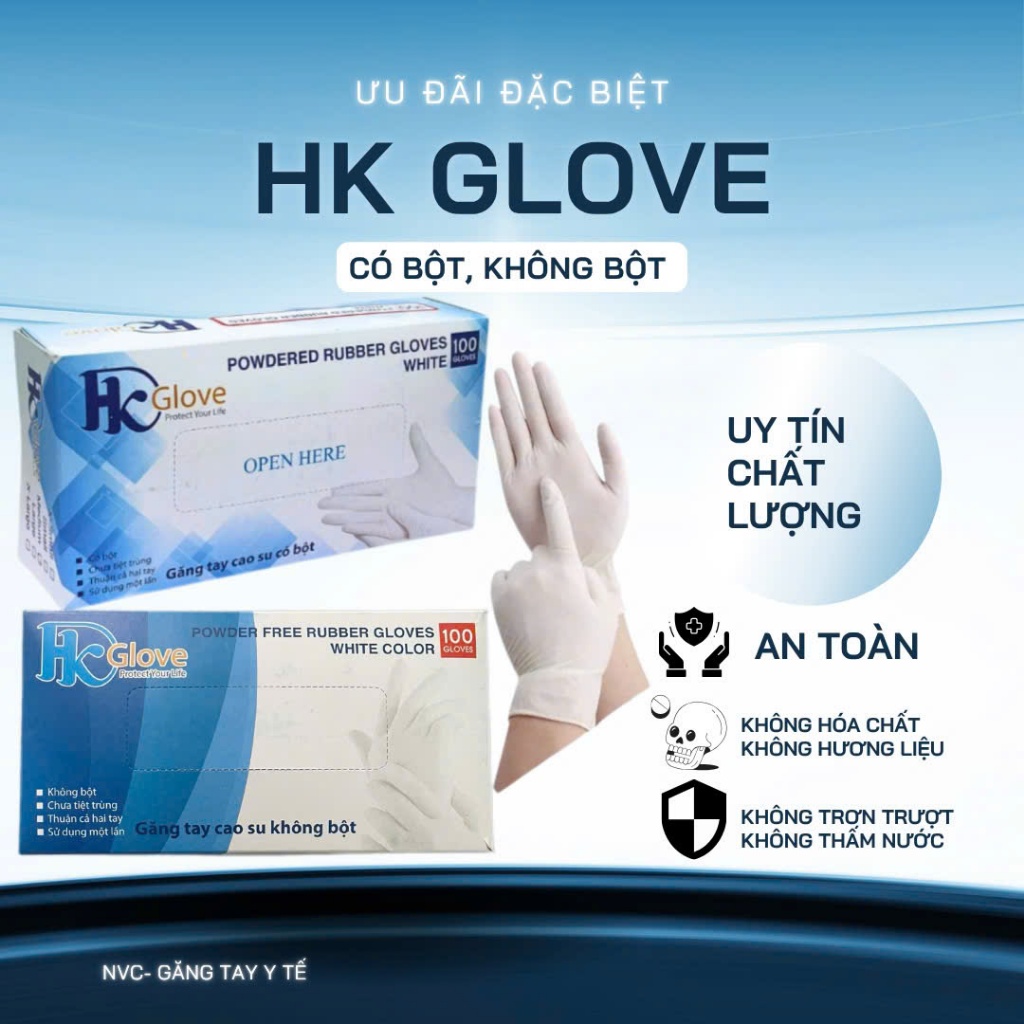 ( 1 Thùng 10 Hộp ) Găng Tay HK Glove Có Bột , Không Bột Hàng Đẹp Co Dãn, Dầy Dặn, Có Nhám.